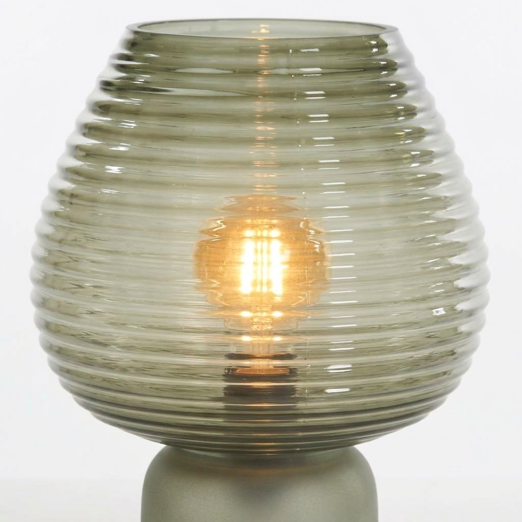 Ribbed Glass Table Lamp with LED, green grey, 27 cm