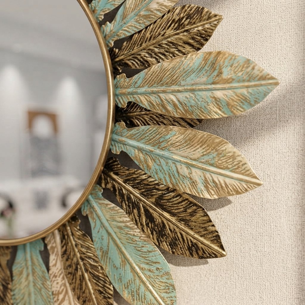 Round Leaf Sunburst Wall Mirror – Teal & Gold