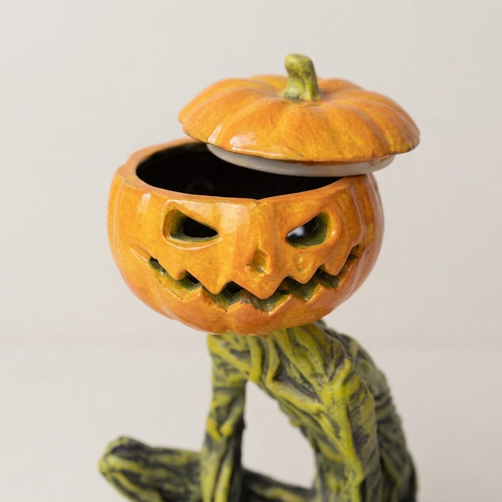 Seated Pumpkin Head Skeleton Statue – Halloween Resin Figurine in Orange and Green