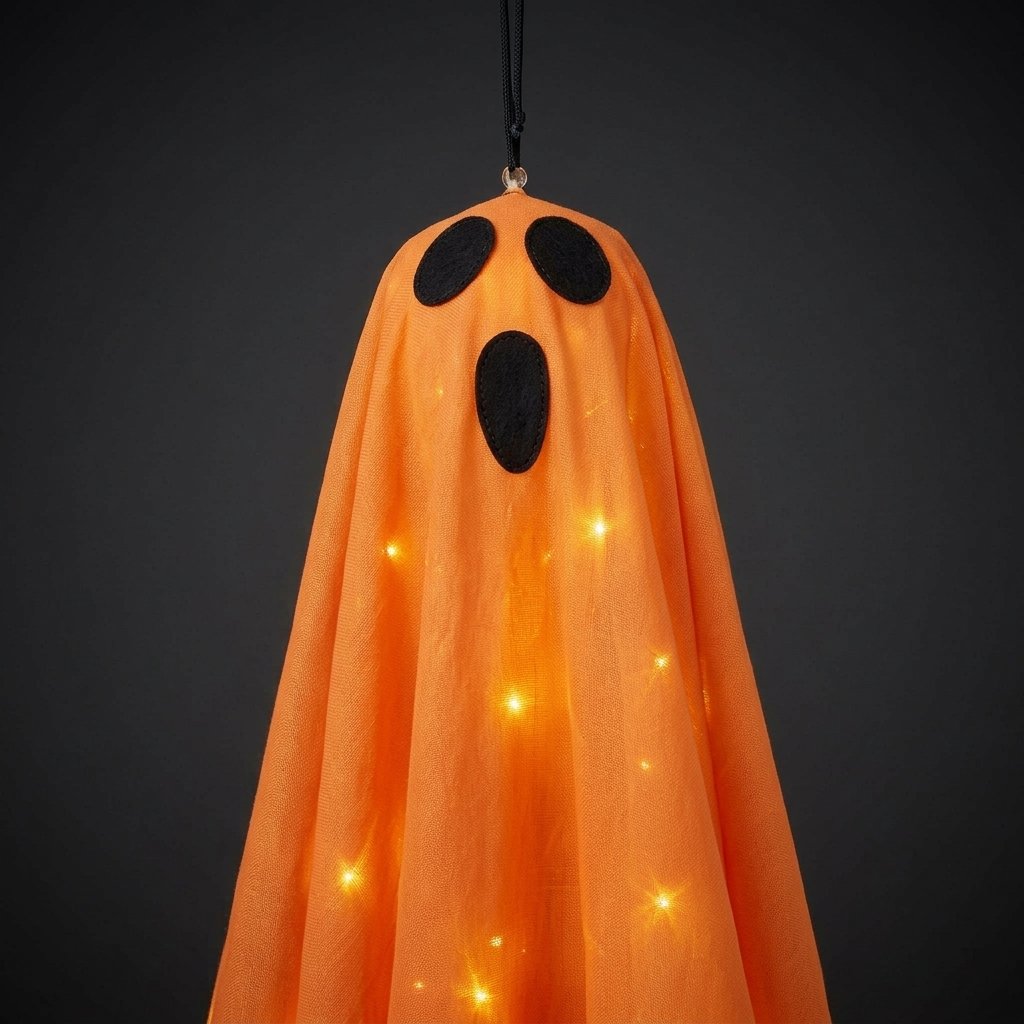 Set of 3 LED Hanging Ghost Halloween Decorations with Warm White Lights – Orange, White and Black