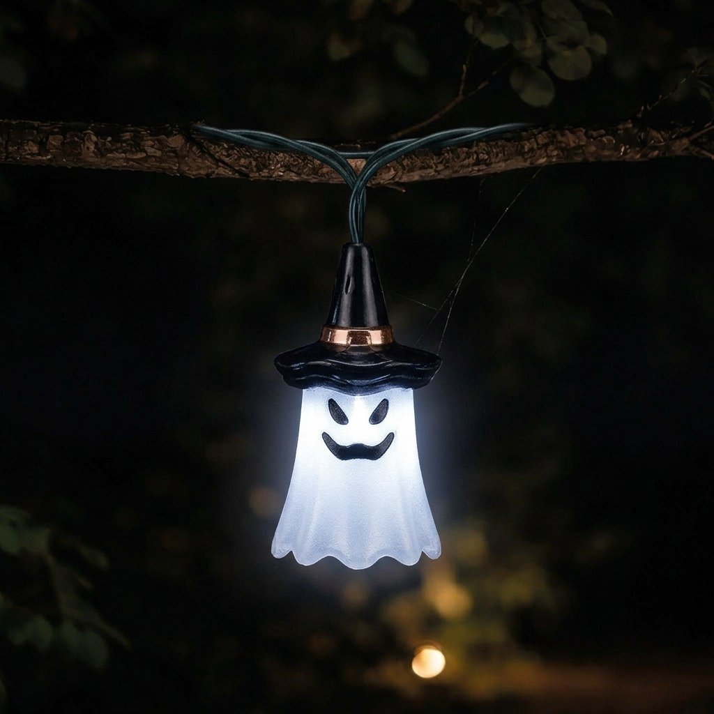 Set of 5 Acrylic Ghost String Lights with 40 White LEDs and Built-In Timer – Indoor and Outdoor Halloween Decoration