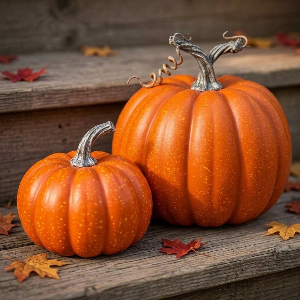 Set of 7 Artificial Foam Pumpkins with Ribbed Texture and Curved Stems – Autumn and Halloween Decoration