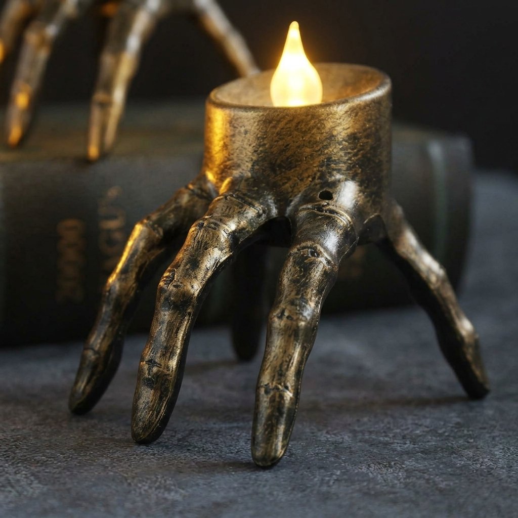 Skeleton Hand and Skull Flameless LED Tealight Candle Holder with Flickering Glow