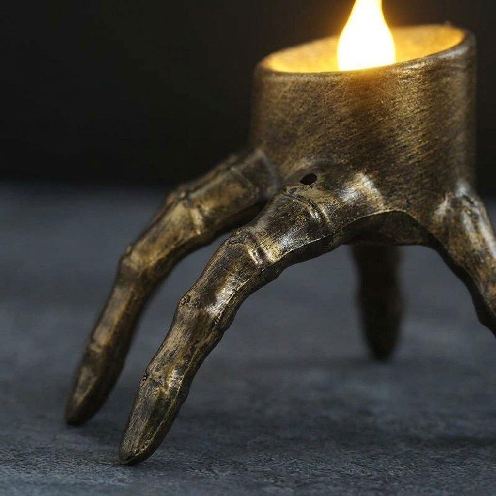 Skeleton Hand and Skull Flameless LED Tealight Candle Holder with Flickering Glow