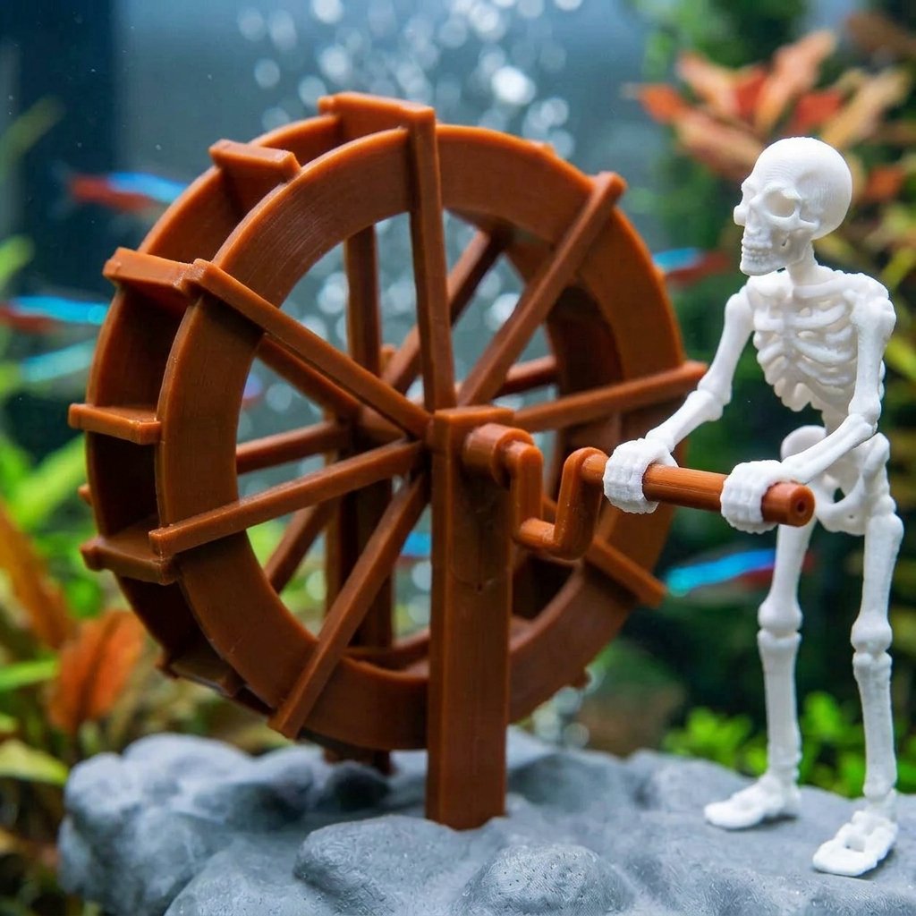 Skeleton Waterwheel Aquarium Decoration with Built-In Air Bubbler