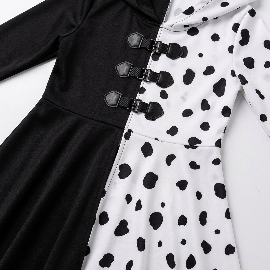 Split-Design Villain Character Costume Dress with Dalmatian Spot Print and Attached Hood