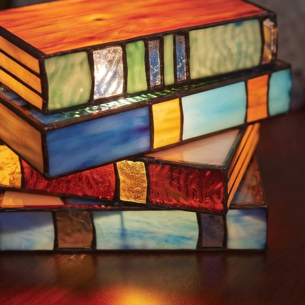 Stained Glass Book Stack Table Lamp, Handcrafted