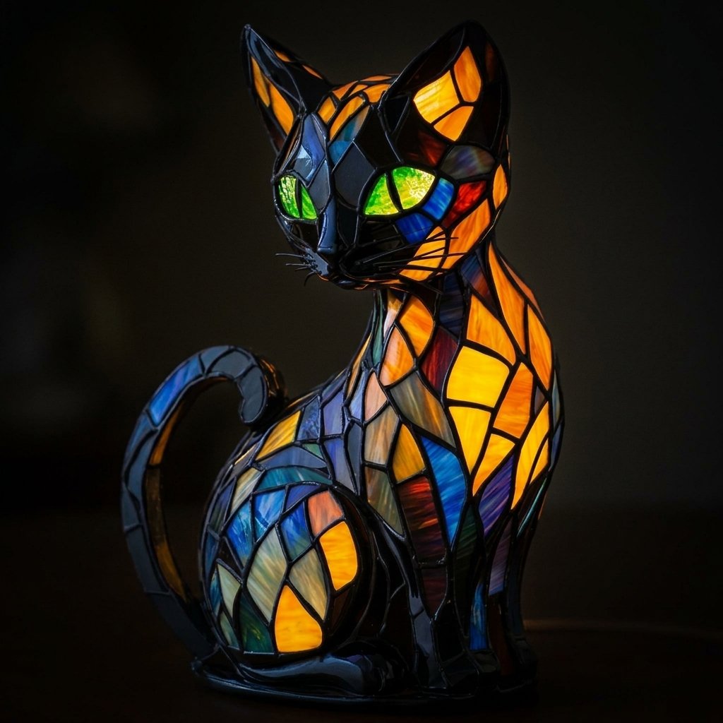 Stained Glass Cat Table Lamp, Mosaic Resin Sculpture