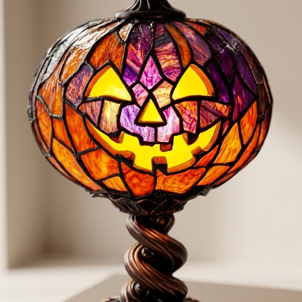 Stained Glass Style Pumpkin Table Lamp with Warm LED – USB Powered Jack-o'-Lantern Decorative Light