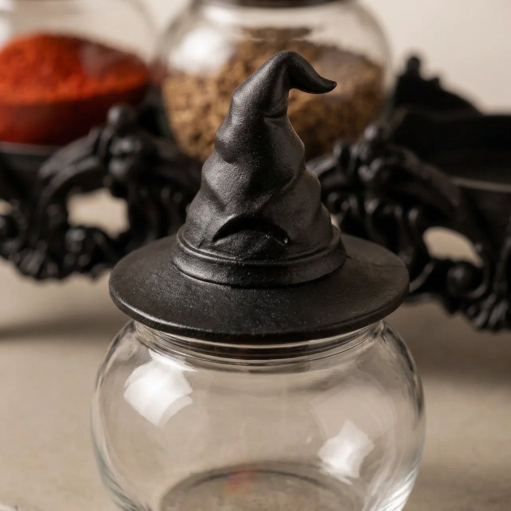 Three-Jar Spice Set with Witch-Hat Lids and Ornate Countertop Rack