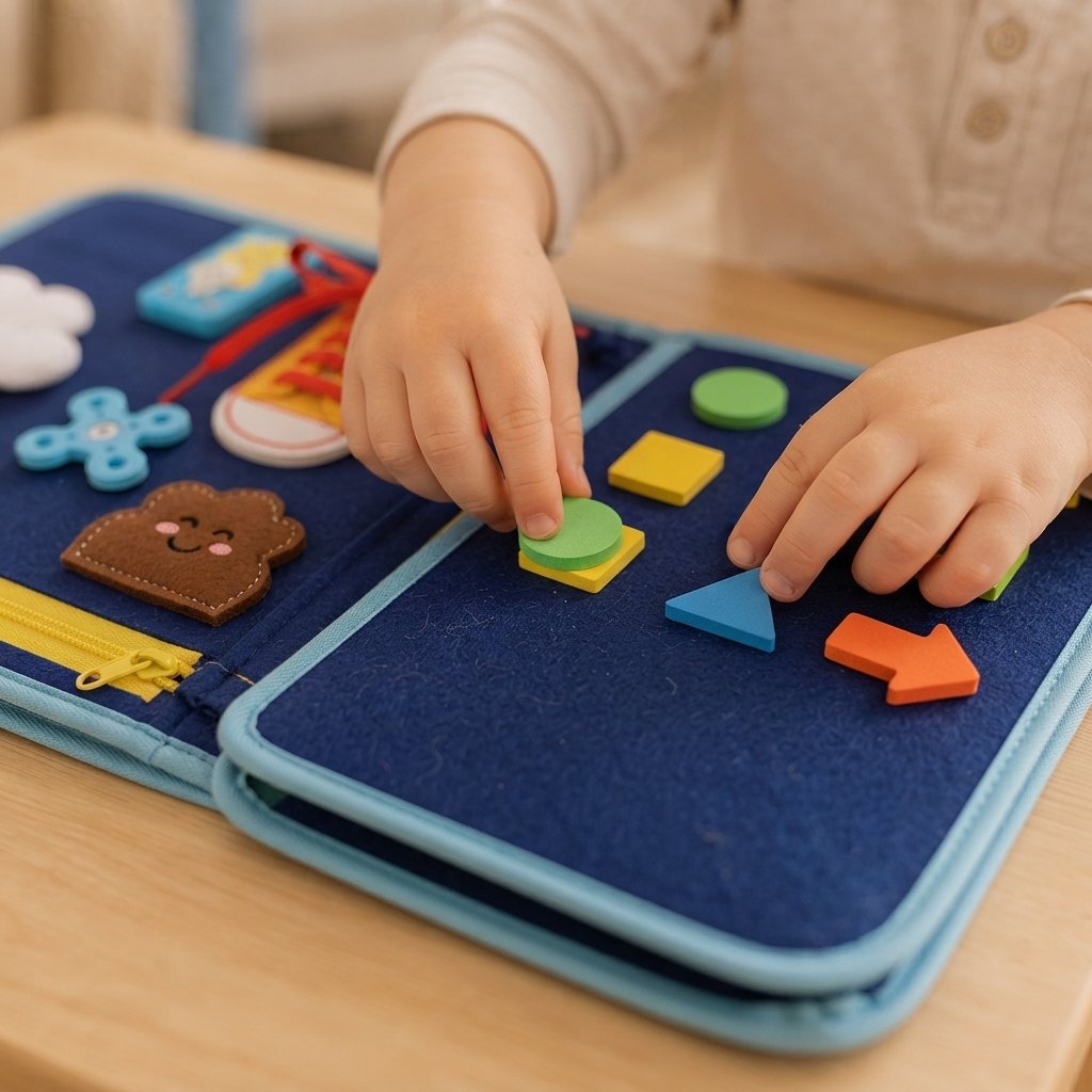 Toddler Busy Board with Shapes, Zips and Lacing Activity