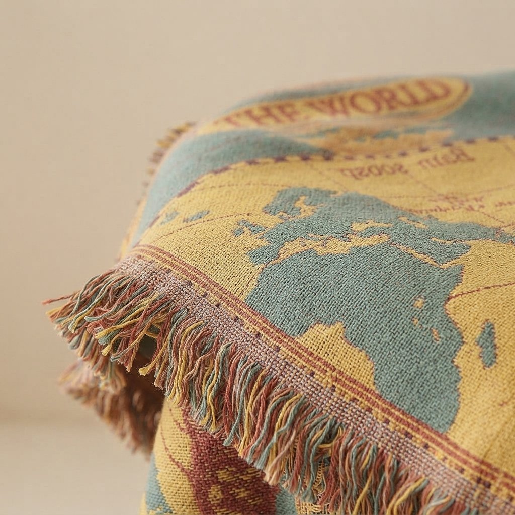 Vintage World Map Cotton Throw Blanket with Fringe