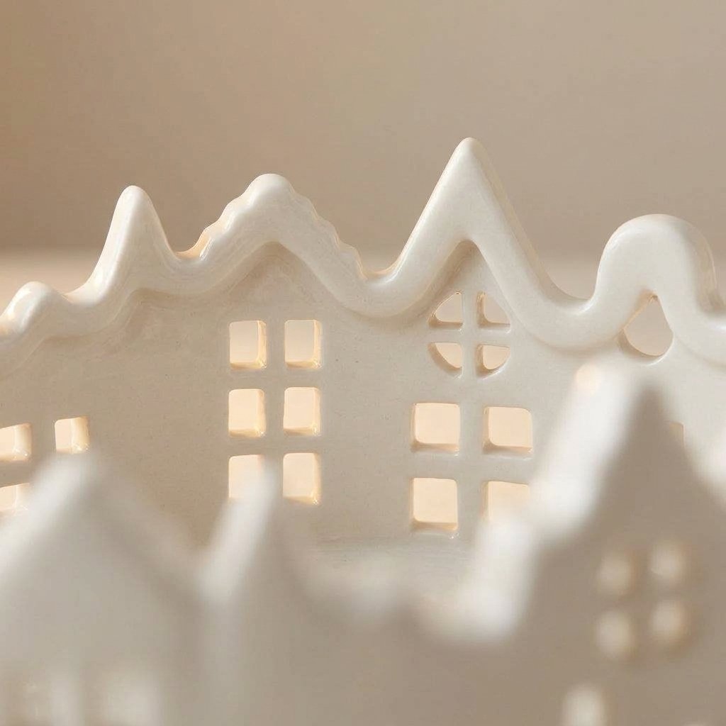 White Ceramic Candle Tray with Village Silhouette Design