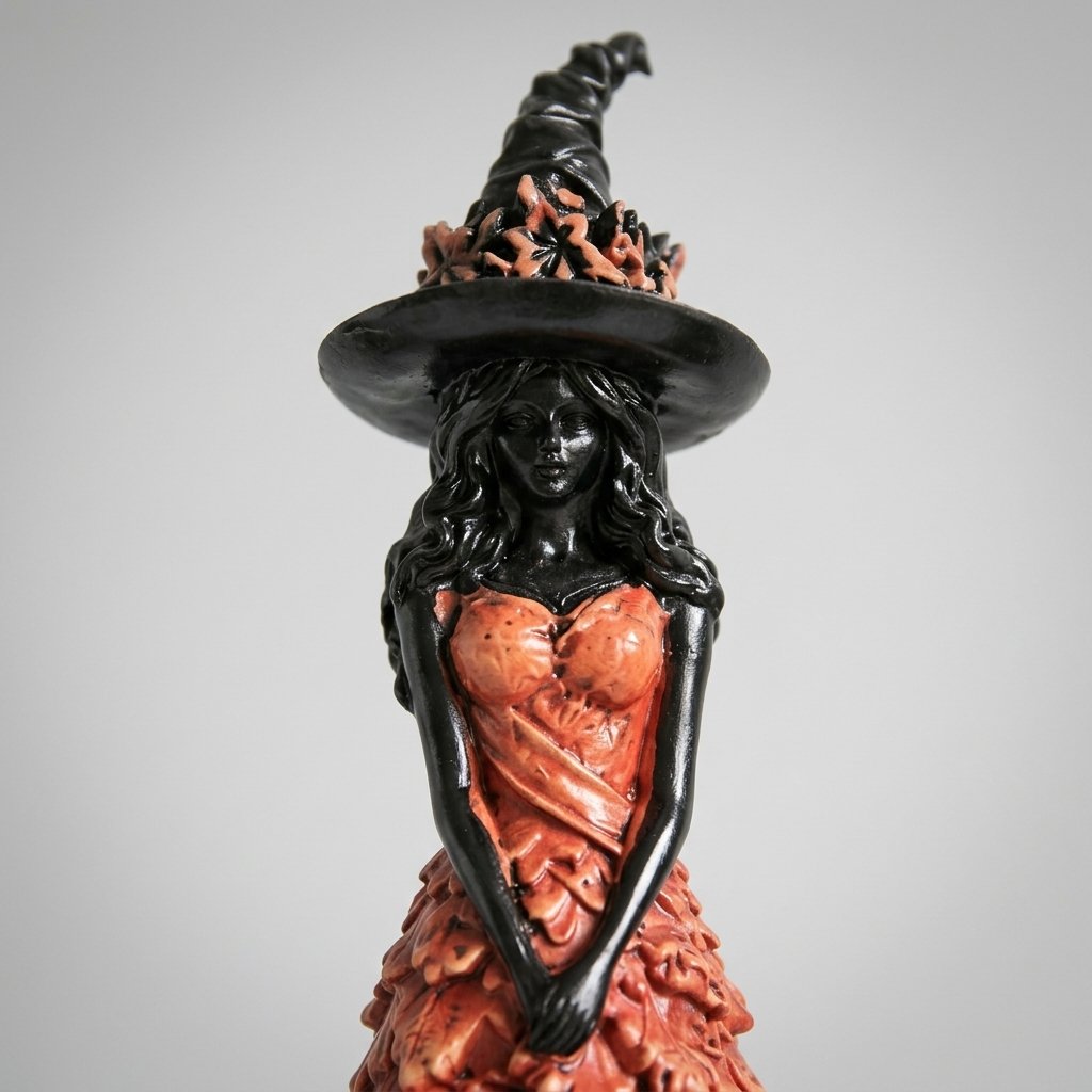 Witch figurine with leaf dress and pointed hat, gothic autumn decoration in four colours