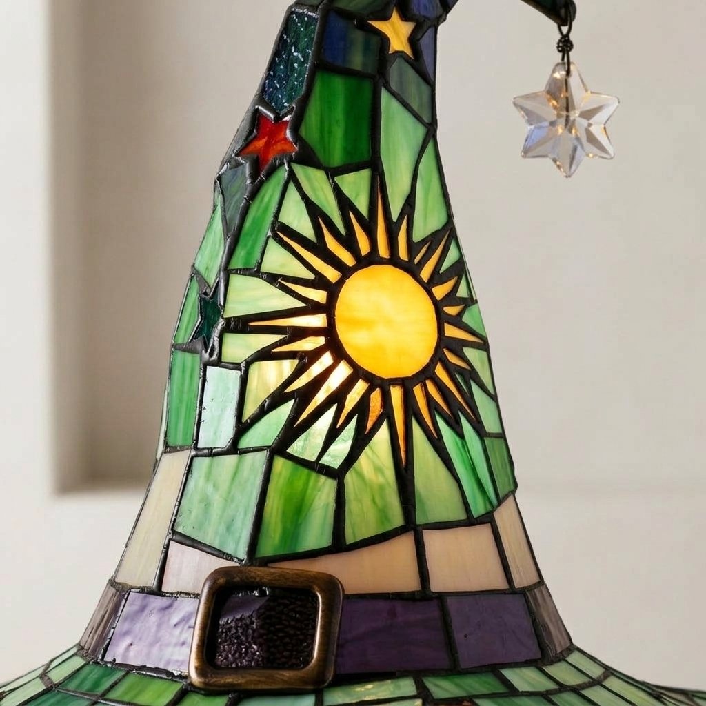 Witch Hat Tiffany-Style Stained Glass Accent Lamp with Star and Sun Motifs