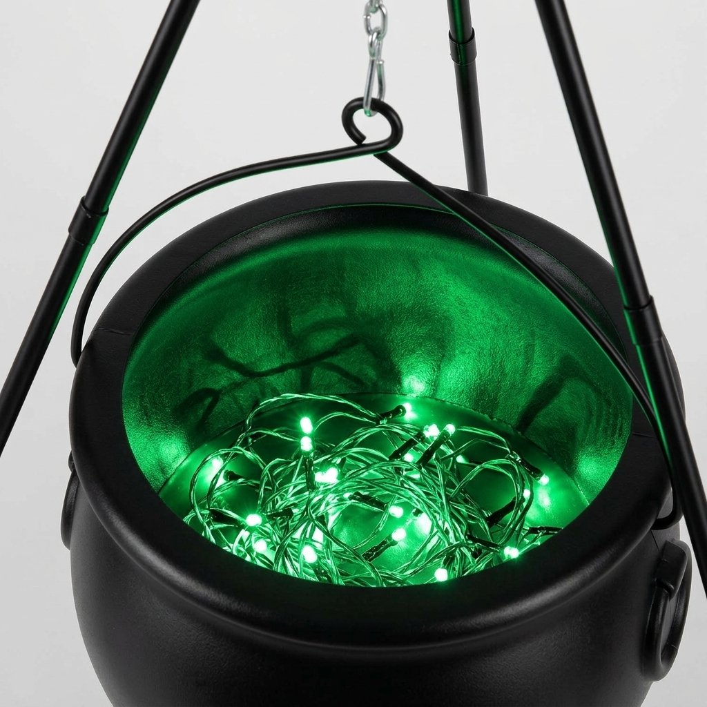 Witch's Cauldron Tripod with Green LED Glow – Halloween Outdoor Decoration