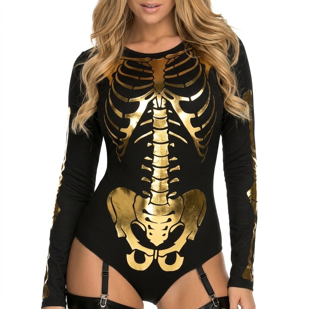 Women's Skeleton Print Halloween Bodysuit with Thigh-High Leggings and Garter Straps