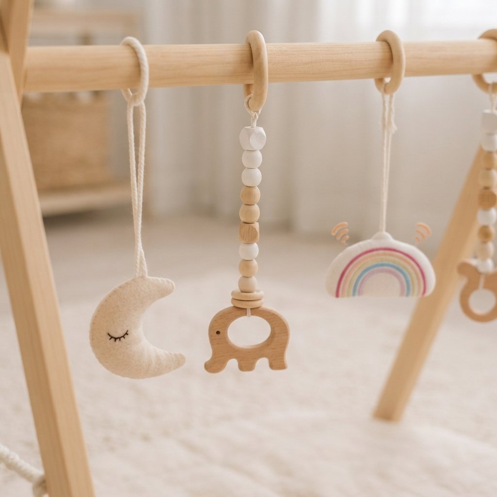 Wooden Baby Play Gym with 6 Hanging Sensory Toys