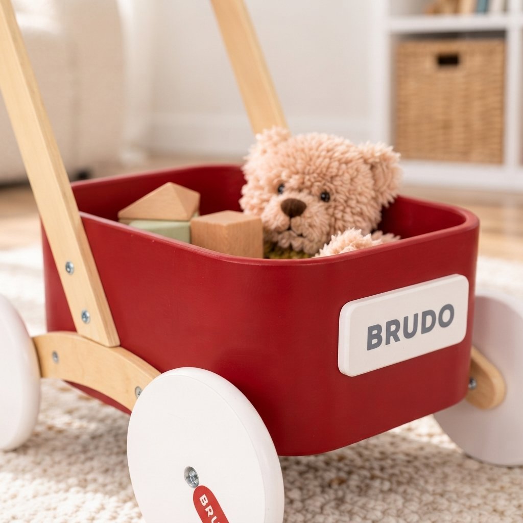 Wooden Baby Push Walker Wagon with Toy Tray – Red