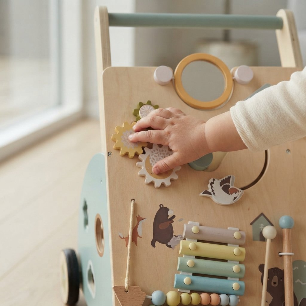 Wooden Baby Push Walker with Activity Board & Shape Sorter