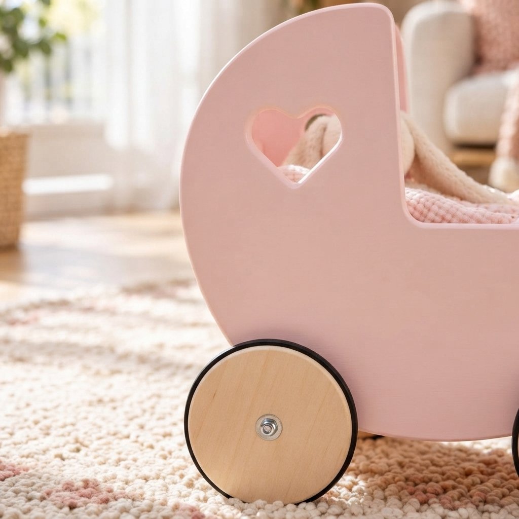 Wooden Doll Pram Walker in Rose – 2-in-1 Birch