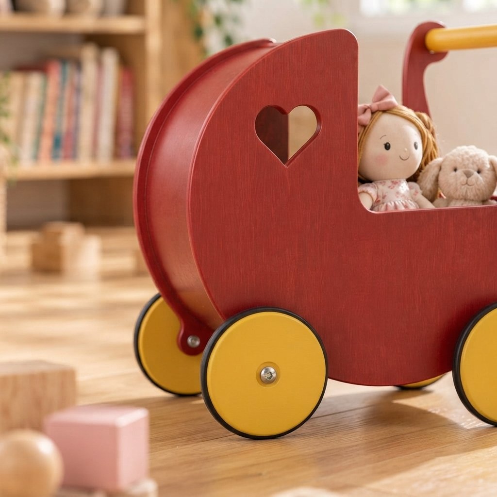 Wooden Doll Pram Walker in Rust Red – 2-in-1