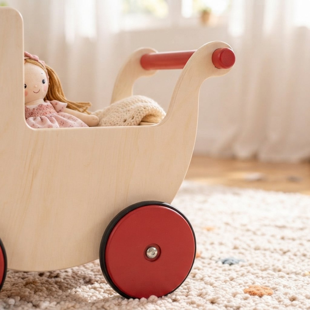 Wooden Doll Pram Walker, Natural Birch with Red Wheels