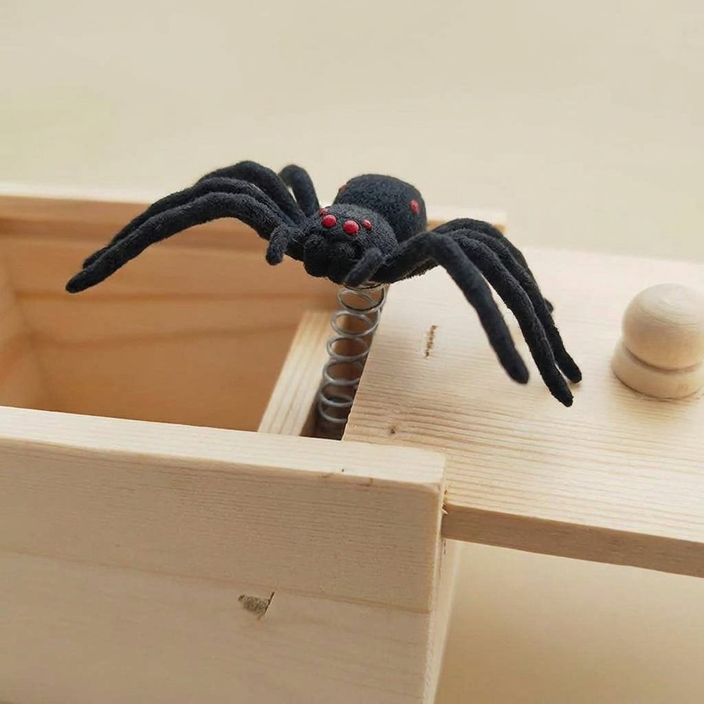 Wooden Spider Jump-Scare Prank Box with Spring Mechanism