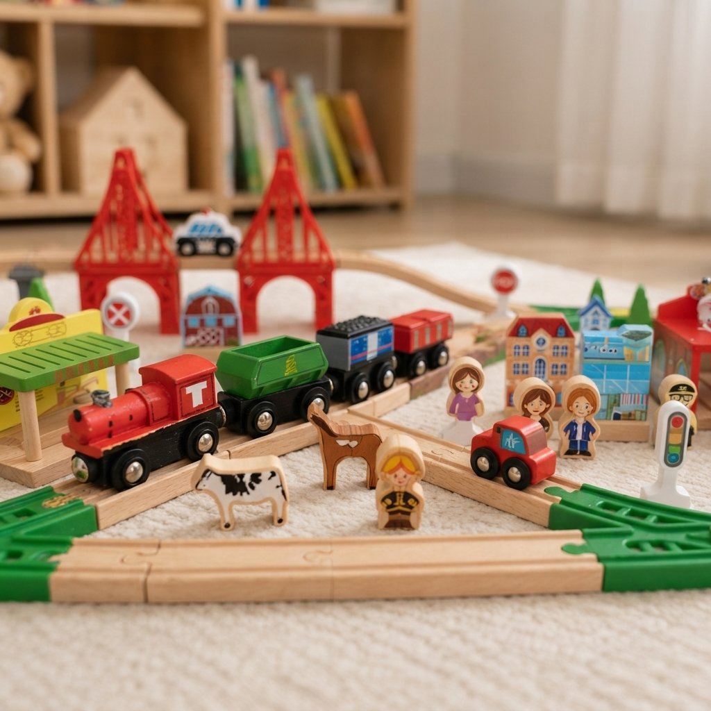 Wooden Train Track Set with Bridges, Vehicles & Buildings