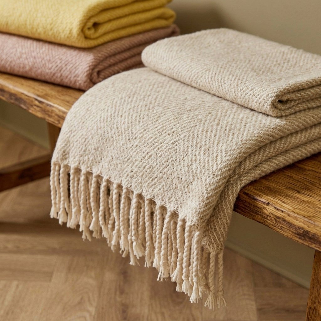 Woven Tasselled Throw with Herringbone Texture