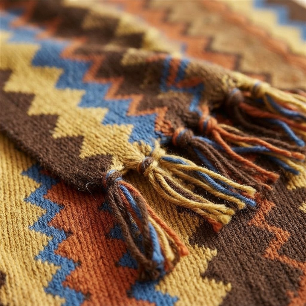 Zigzag Knitted Throw Blanket with Tassels, Boho Style