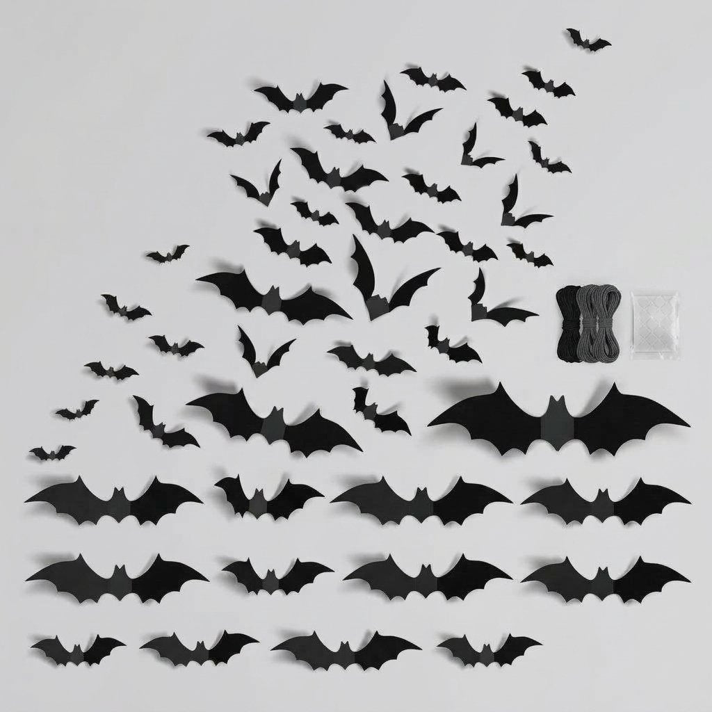 3D Foldable Bat Wall Stickers for Halloween Decoration – Peel and Stick, Reusable, Indoor Use — 140 pcs (Black Bat)