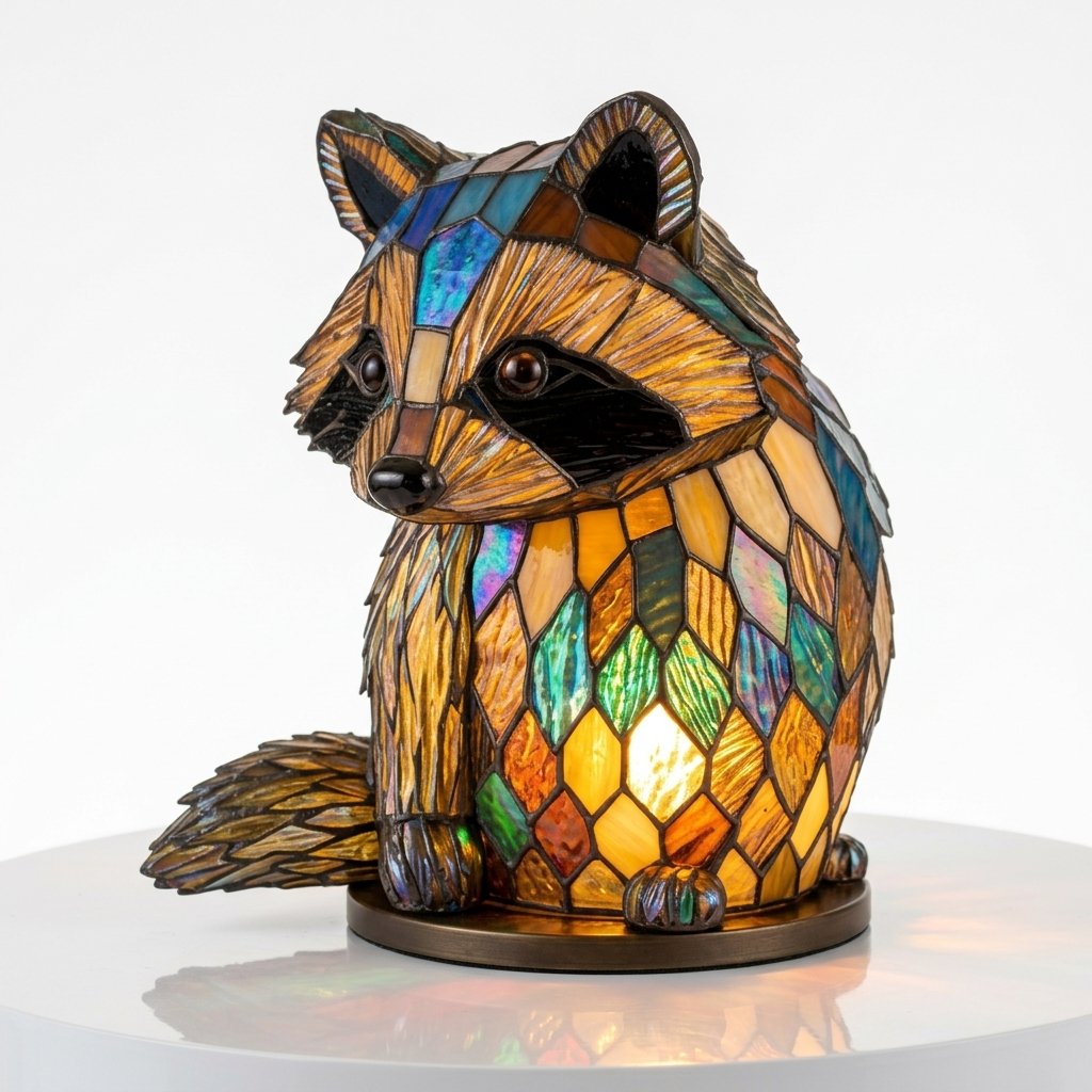 Stained Glass-Look Animal Table Lamp, USB LED — Raccoon