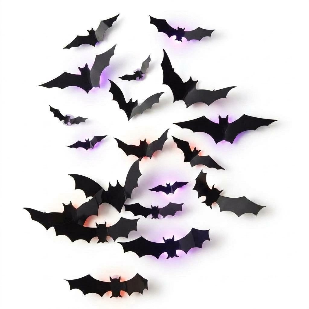 3D Bat Wall Decals with LED Backlights – Peel and Stick Halloween Wall Decoration — 12 pieces