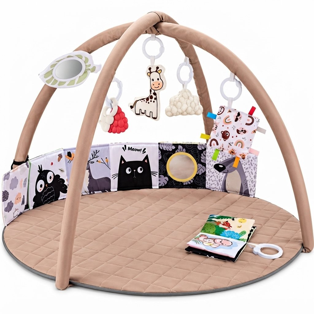 Baby Play Gym Mat with 6 Detachable Sensory Toys — Brown