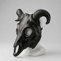 Black Ram Skull Mask with Curved Horns and Red Cross Detail — Black/Grey