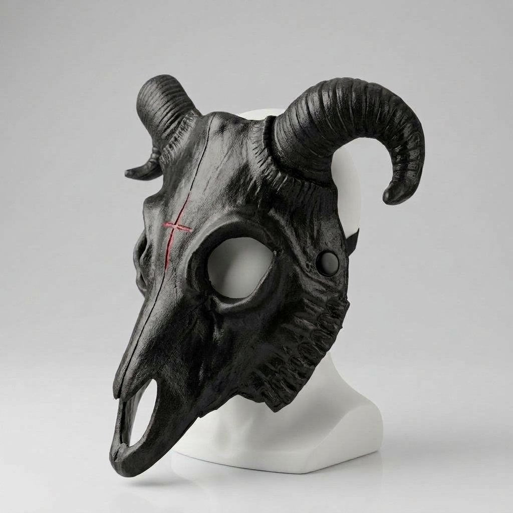 Black Ram Skull Mask with Curved Horns and Red Cross Detail — Black/Grey