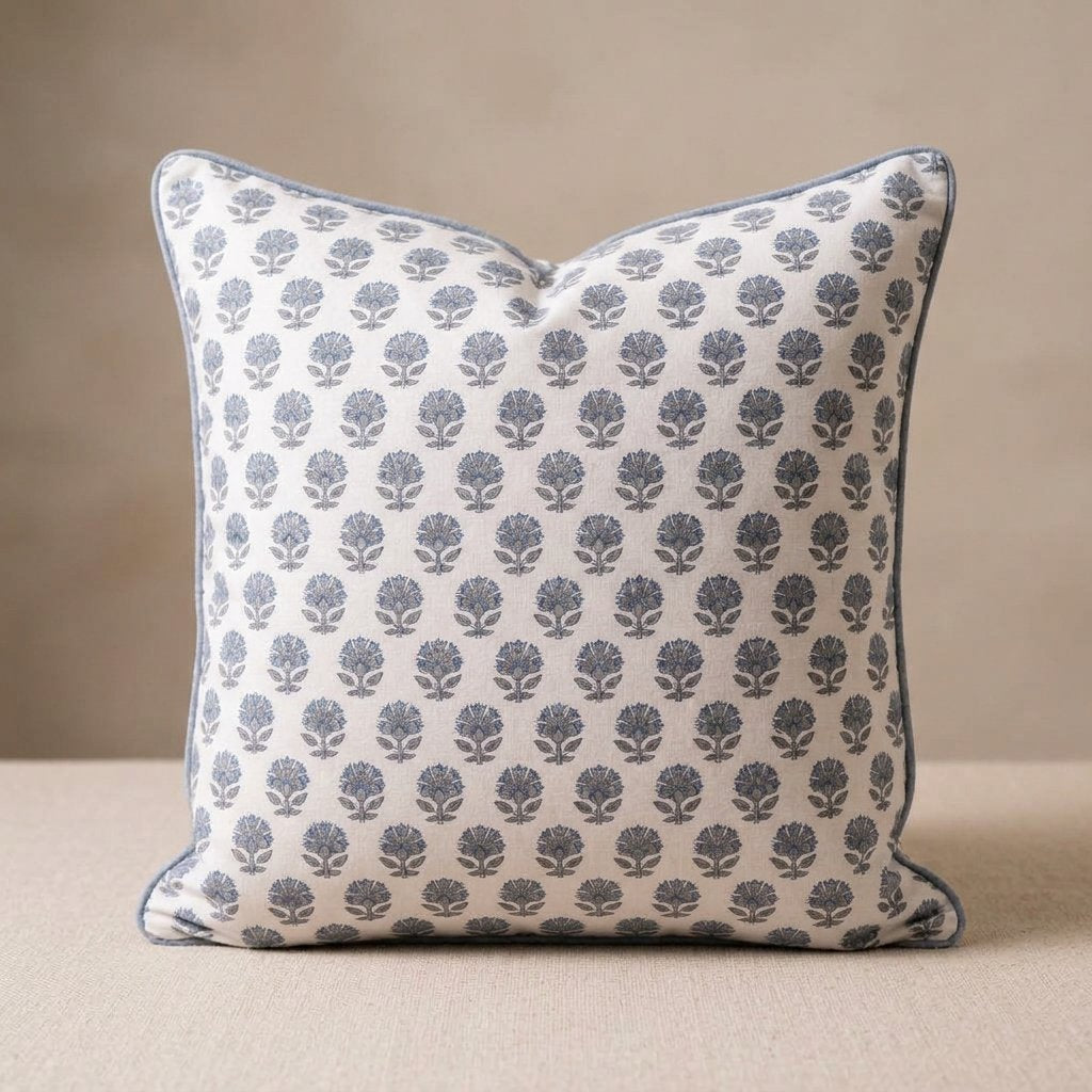 Block Print Cotton Cushion with Feather Pad, 2 Sizes — 45cm
