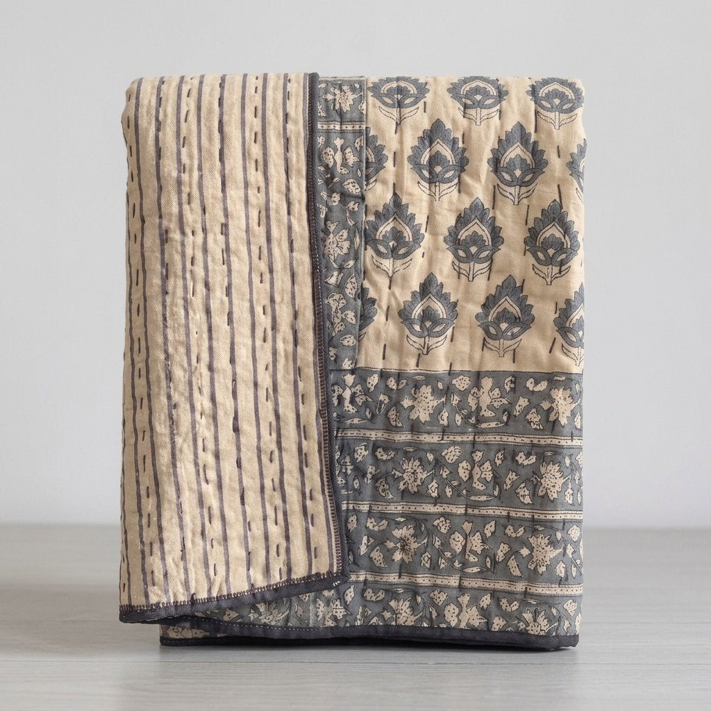 Block-Print Kantha Bedspread, Dark Blue & Cream — Kantha