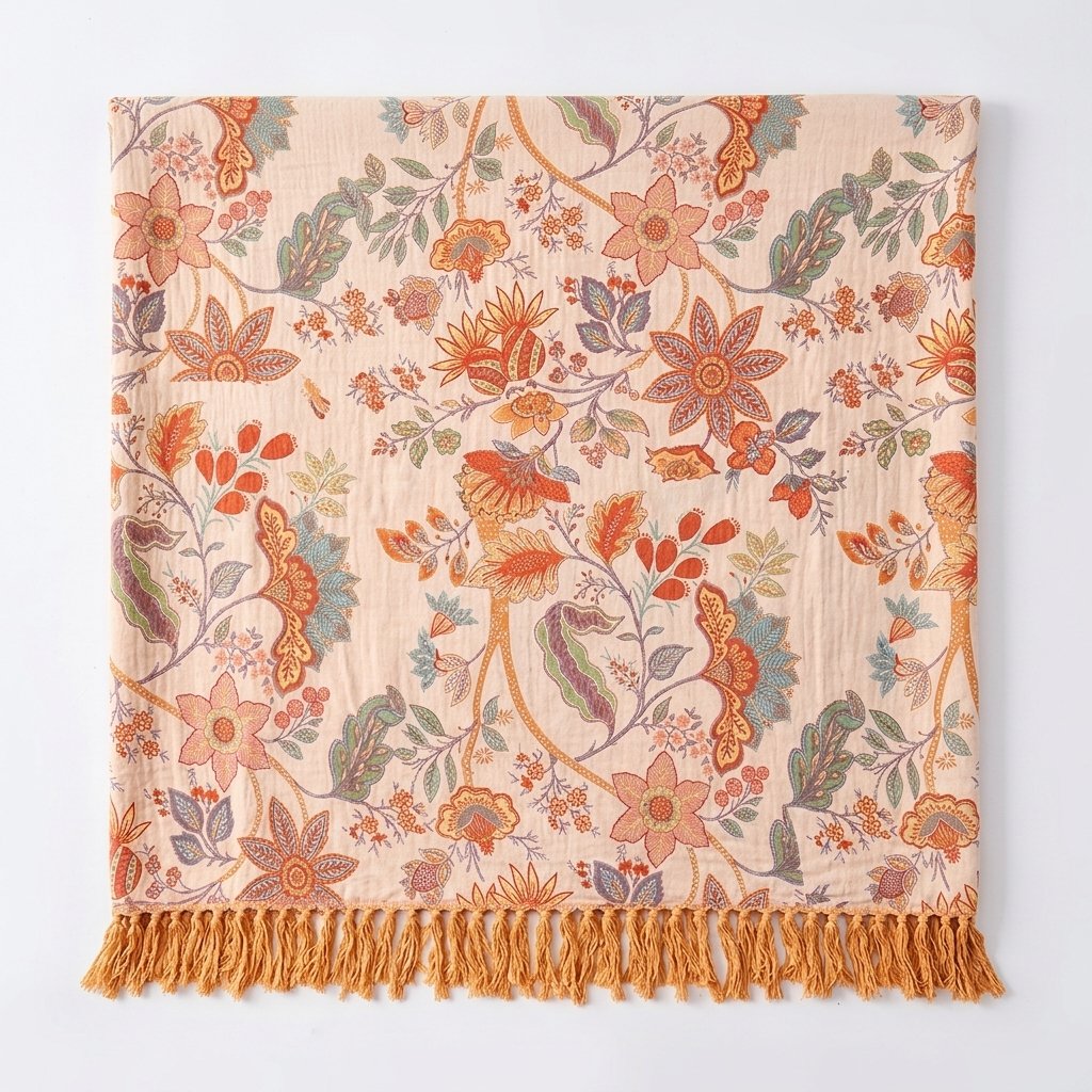 Boho Floral Tassel Throw Blanket – Woven Cotton Blend — 150x200cm