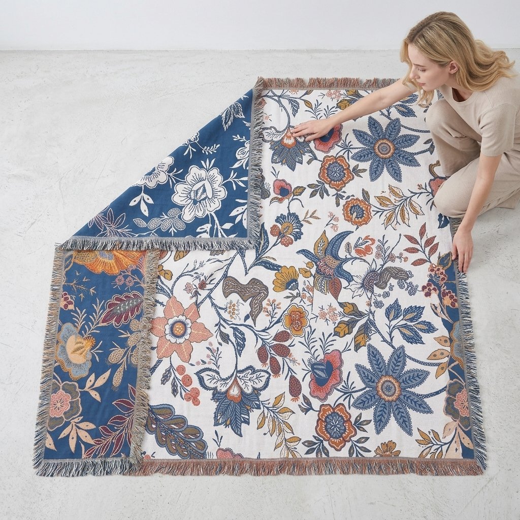 Boho Floral Throw Blanket with Fringe, Cotton-Polyester Blend — 200x230cm