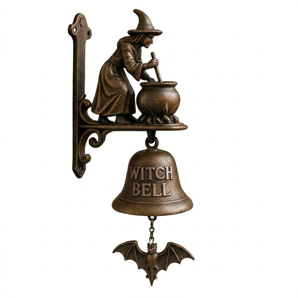 Cast Iron Witch Bell Wall Bracket – Decorative Door Bell with Bat Clapper — A