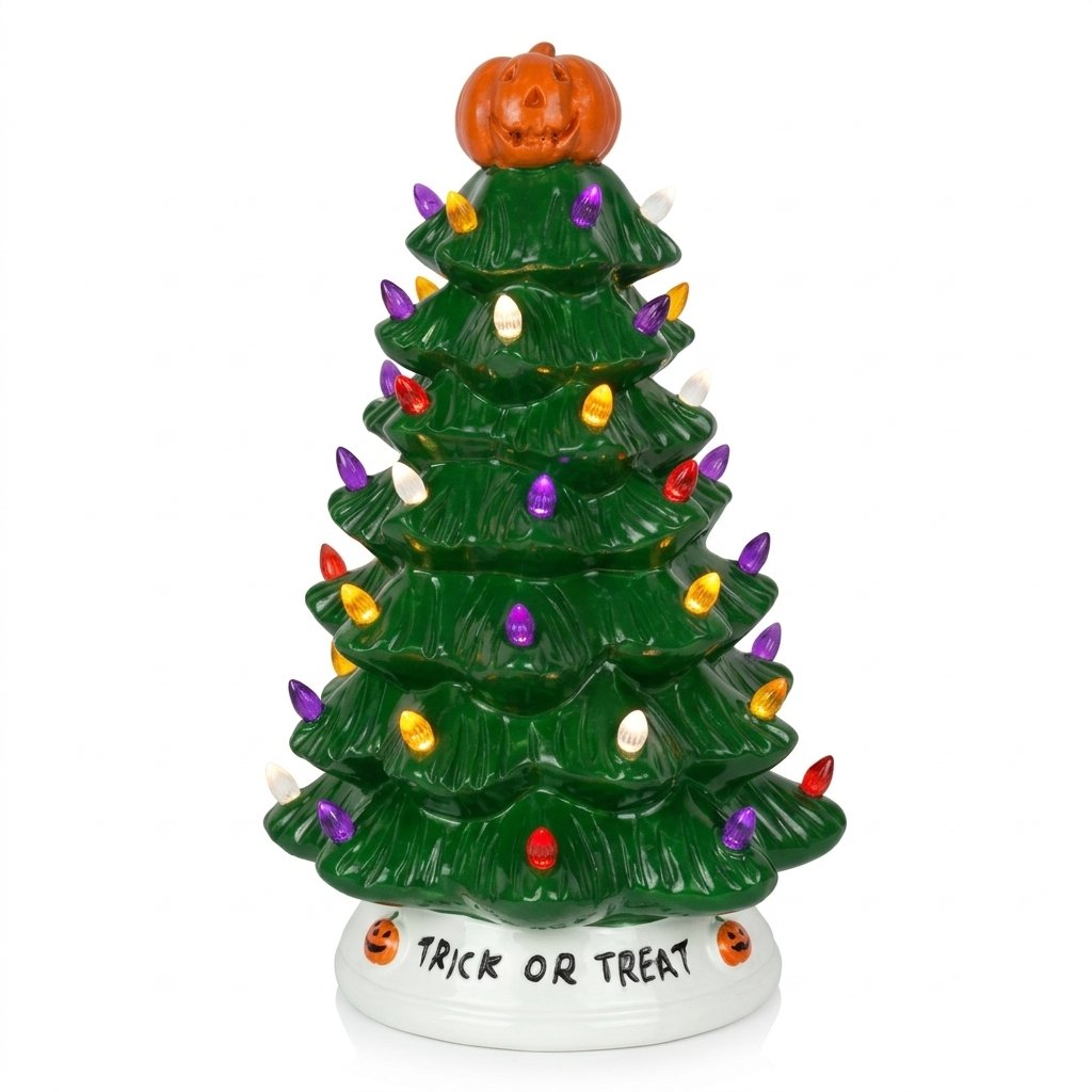Ceramic Halloween Holiday Tree with Glowing LED Lights and Pumpkin Topper — Green
