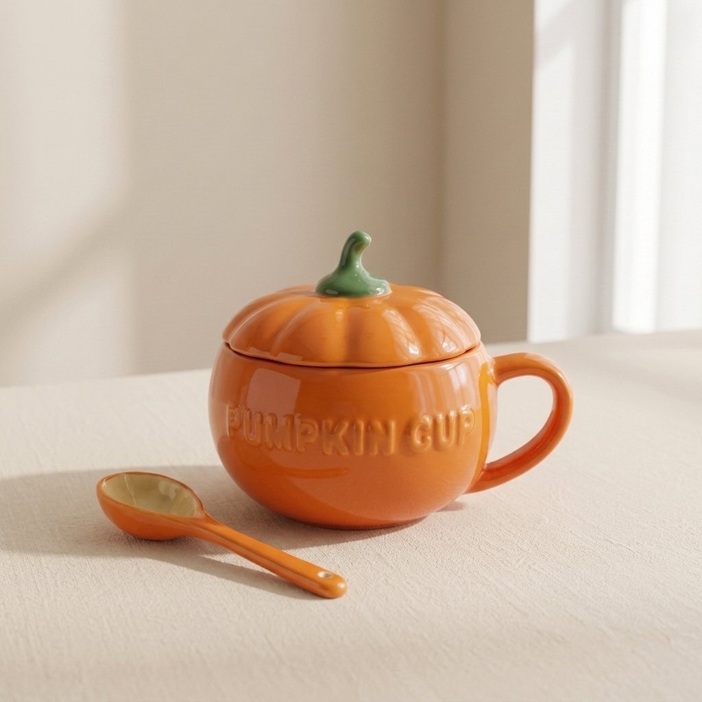 Ceramic Pumpkin Mug with Lid and Spoon – Seasonal Novelty Cup for Hot and Cold Drinks — 350ml