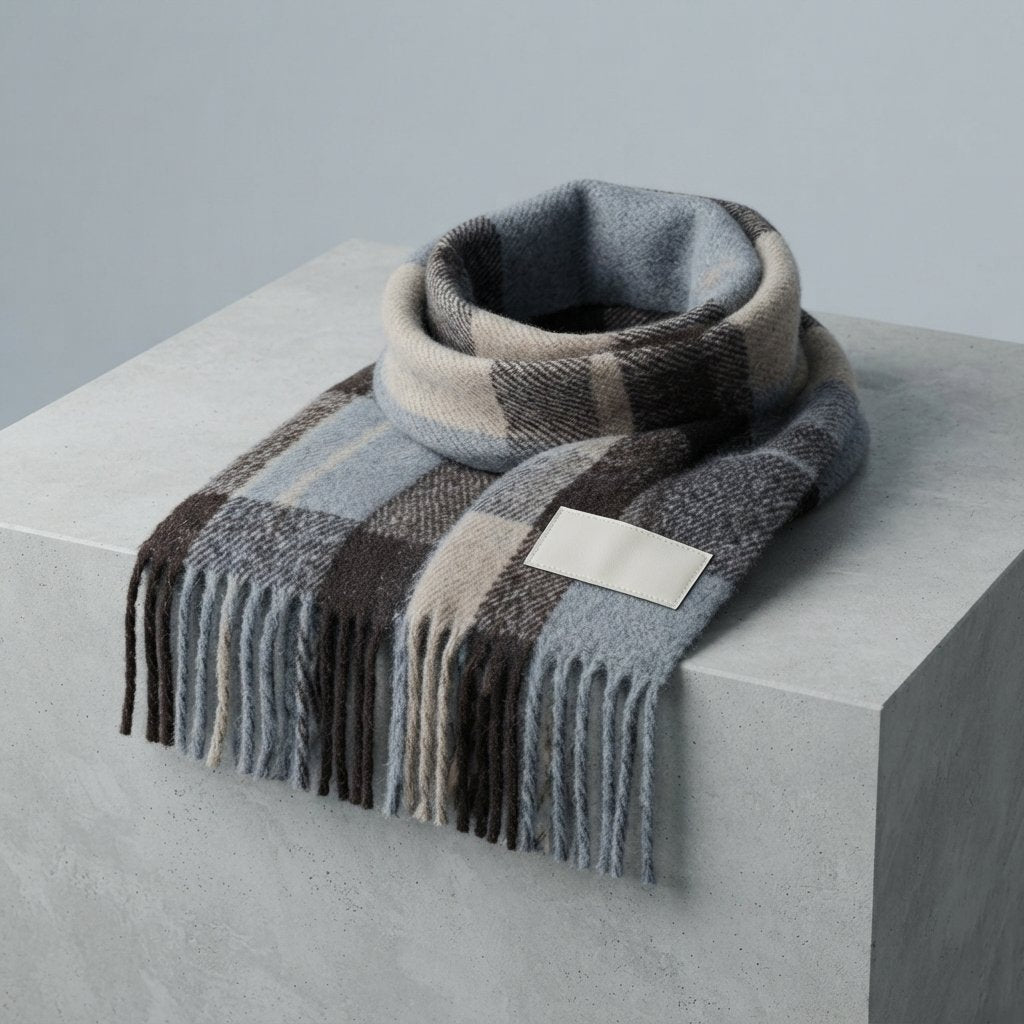Check Winter Scarf with Fringed Edges — Grey