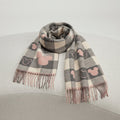Checked Winter Scarf with Motif Print and Tassels — Grey Pink Mouse
