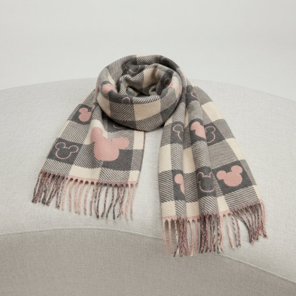 Checked Winter Scarf with Motif Print and Tassels — Grey Pink Mouse