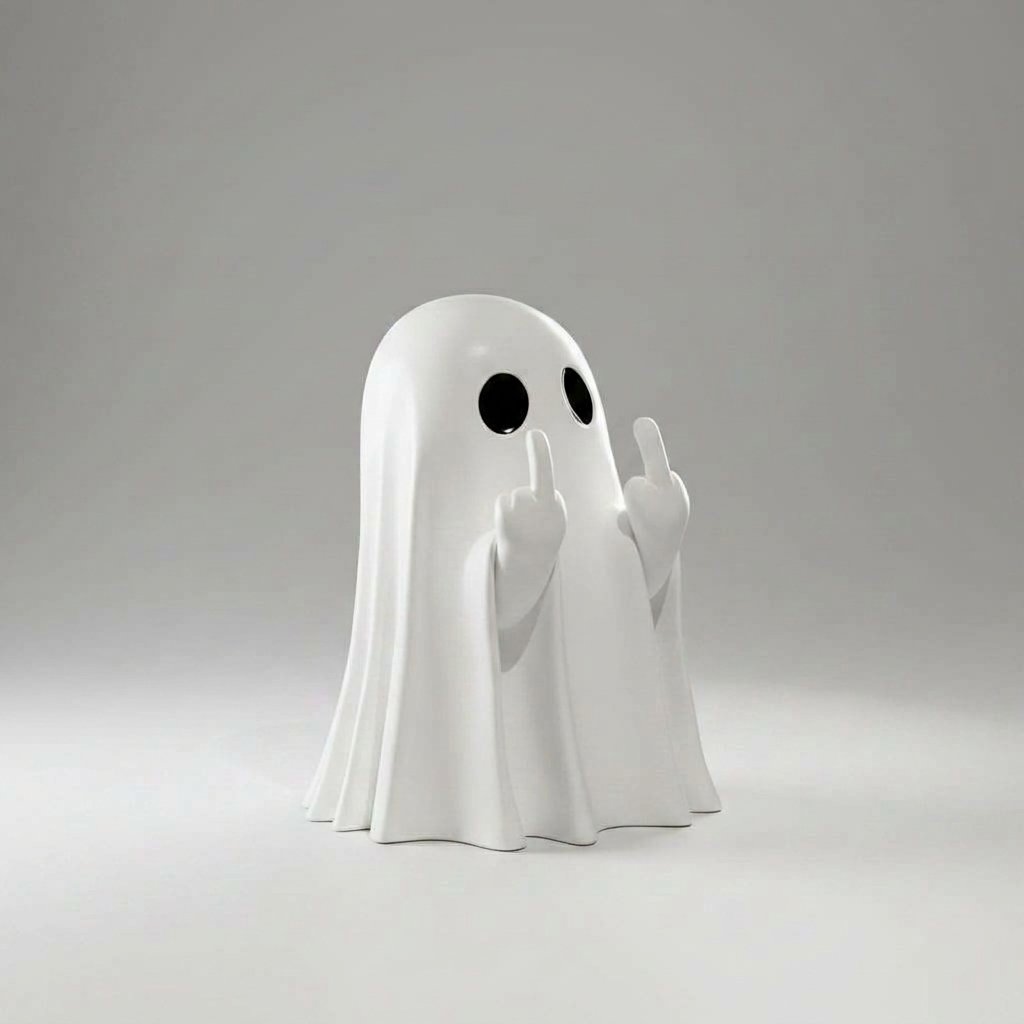 Cheeky Ghost Figurine with Middle Finger Gesture – Matte Resin Tabletop Decoration — White