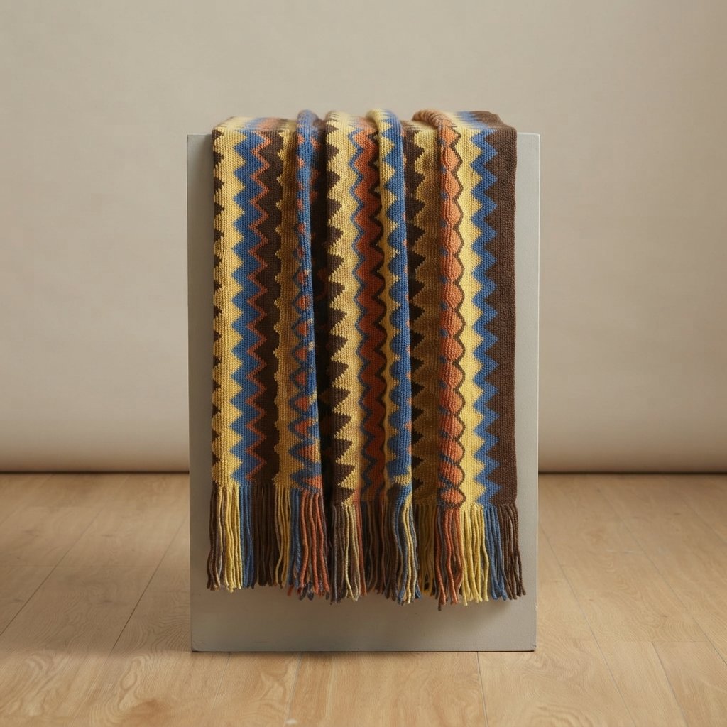 Chevron Knit Throw Blanket with Fringe, Boho Pattern — Multicolour