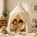 Children's Castle Play Tent with Pom-Pom Trim, Beige — Beige